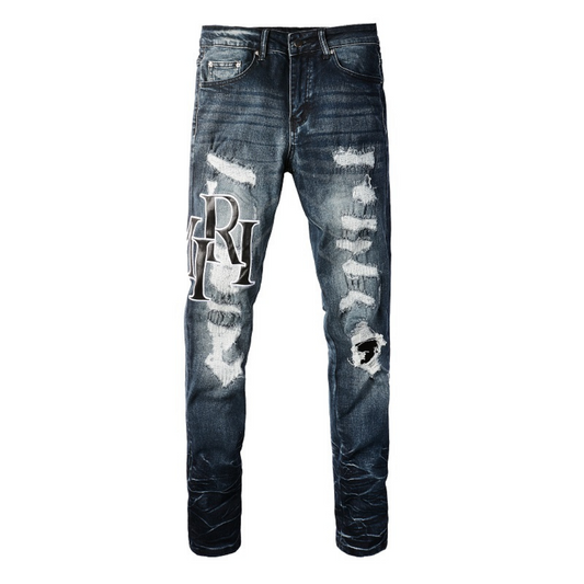 Amr Black Staggered Logo Patch Jeans