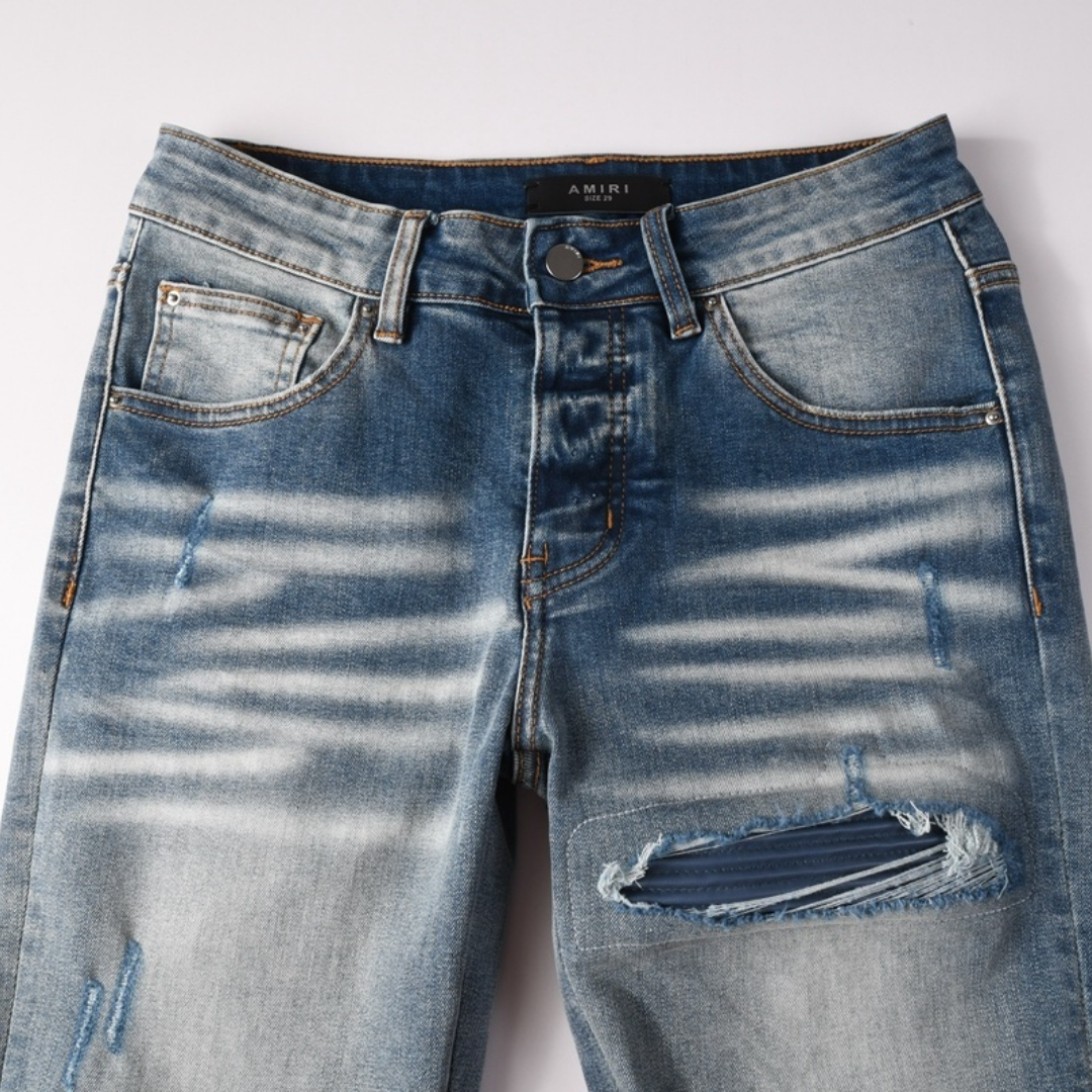 Amr Blue Patch Ripped Jeans